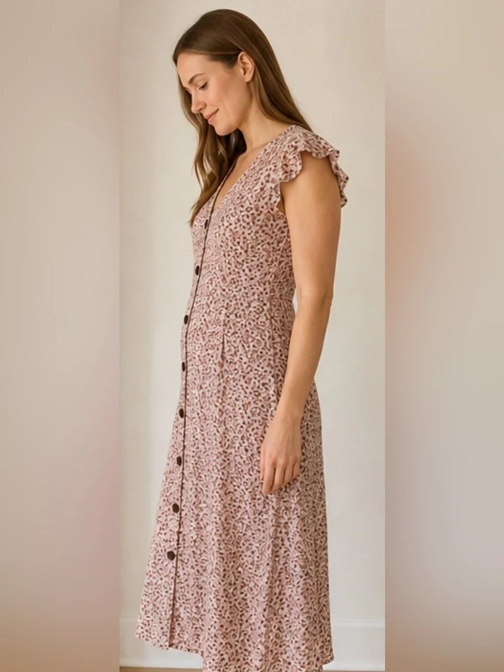 Thread & Supply Monteau Rose-Tan Floral Button Midi Dress - Picture 2 of 6